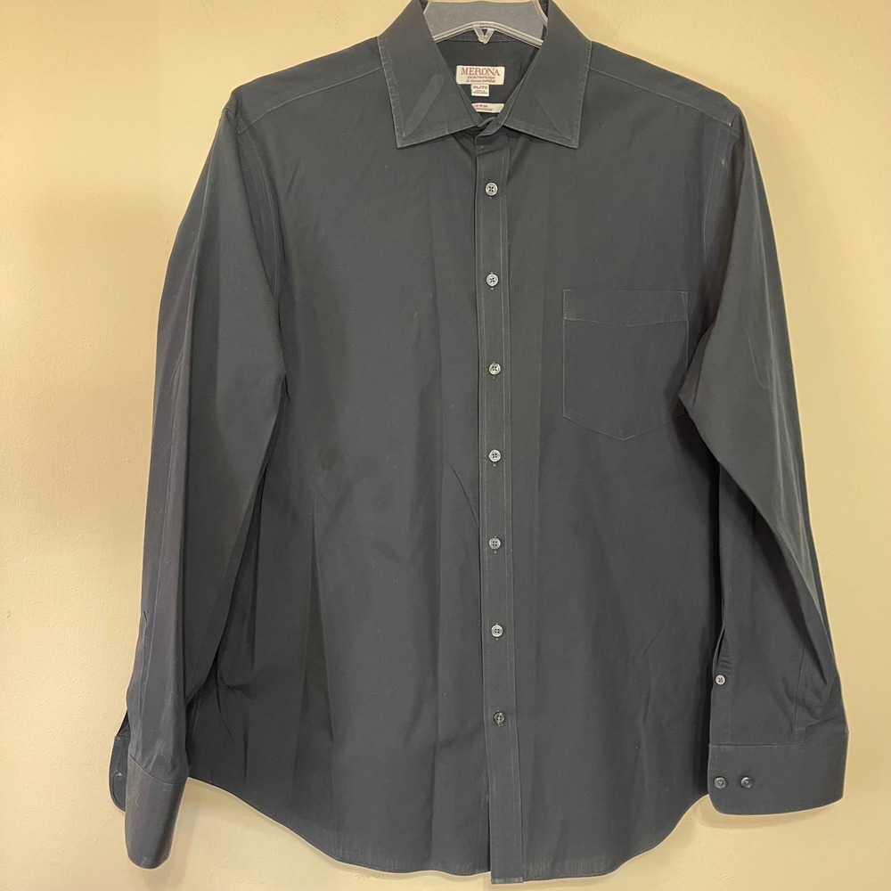 Merona Mens XL Black Non-Iron‎ Long Sleeve Button Down Dress Shirt Solid Cotton